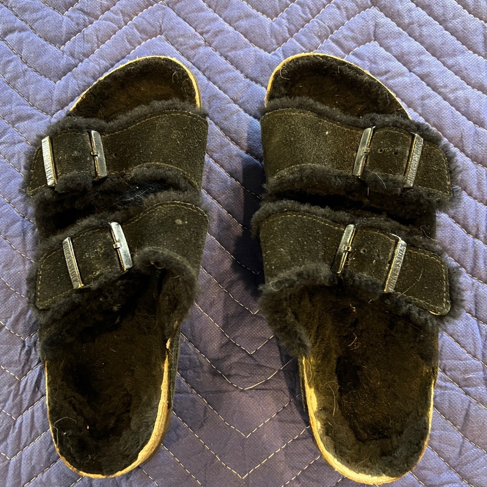 Birkenstock Black Fuzzy Two-Buckle Slide Sandals